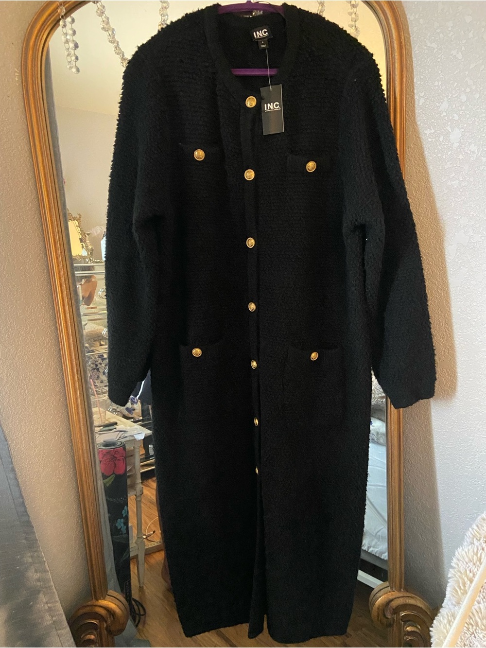 INC International Concepts Black Bouclé Long Coat with Gold Buttons